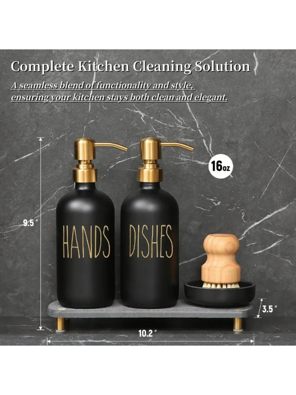 Stylish Soap Dispenser Set with Stainless Pumps, Dry Tray & Dish Scrub Brush